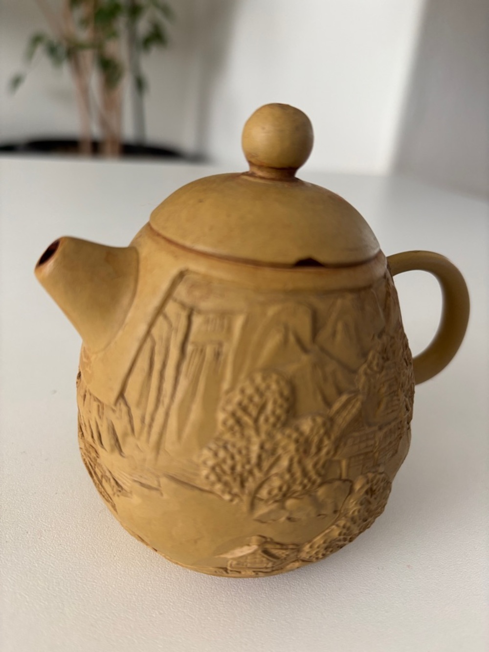 Vintage Chinese Ceramic Teapot with Scenic Relief - Home Art